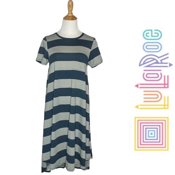 Lularoe Carly Swing Dress- Gray and Blue Stripe xxs - Picture 1 of 7